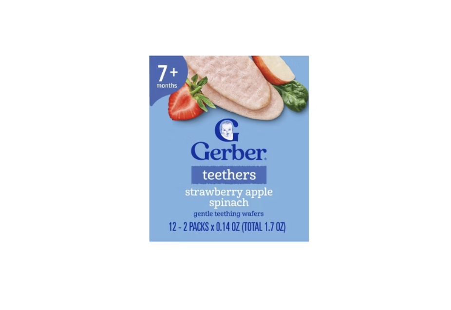 Gerber снеки для прорізування зубів зі смаком полуниці, яблука та шпинату 48 г