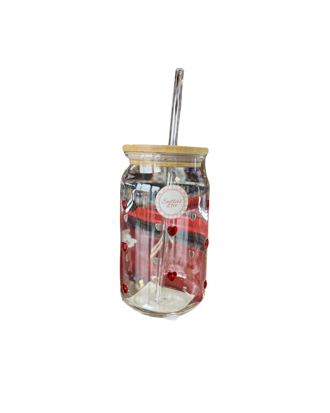 Кружка в сердечка скляна з кришкою та соломинкою 1 шт